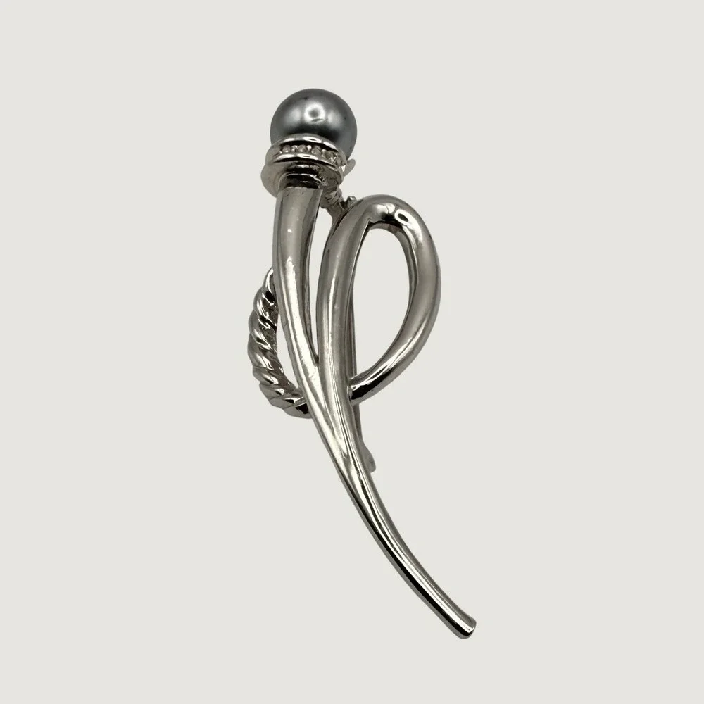 Vintage Silver Tone Abstract Brooch Grey Faux Pearl Crystal Accent Pin 3 Inch